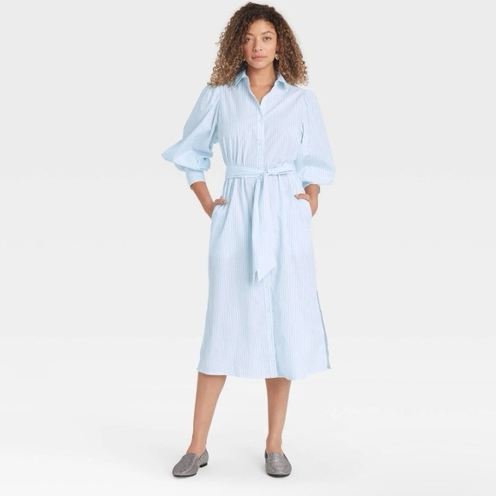 A New Day Long Sleeve High Cuff Shirtdress Striped White / Blue Size XS